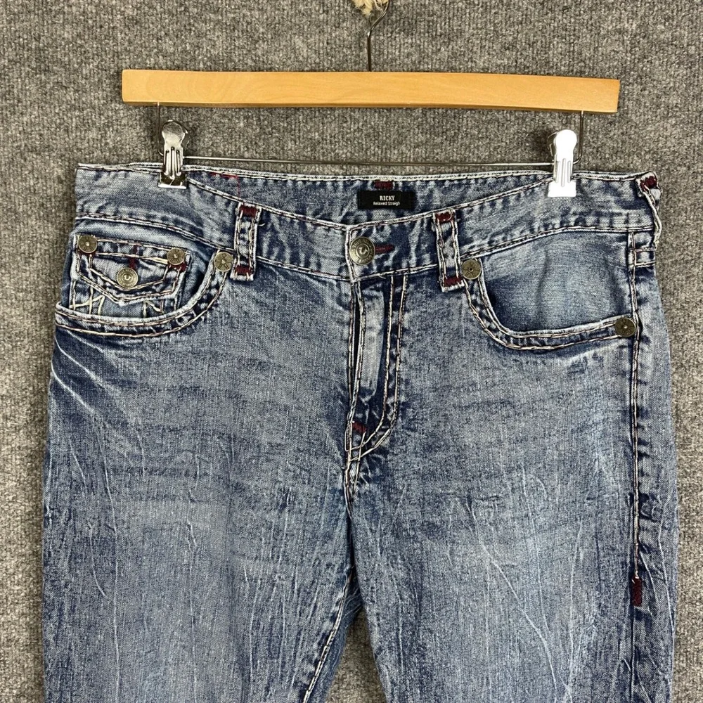 True Religion Ricky Relaxed Straight Jeans Mens 36 Blue Excellent Acid Wash